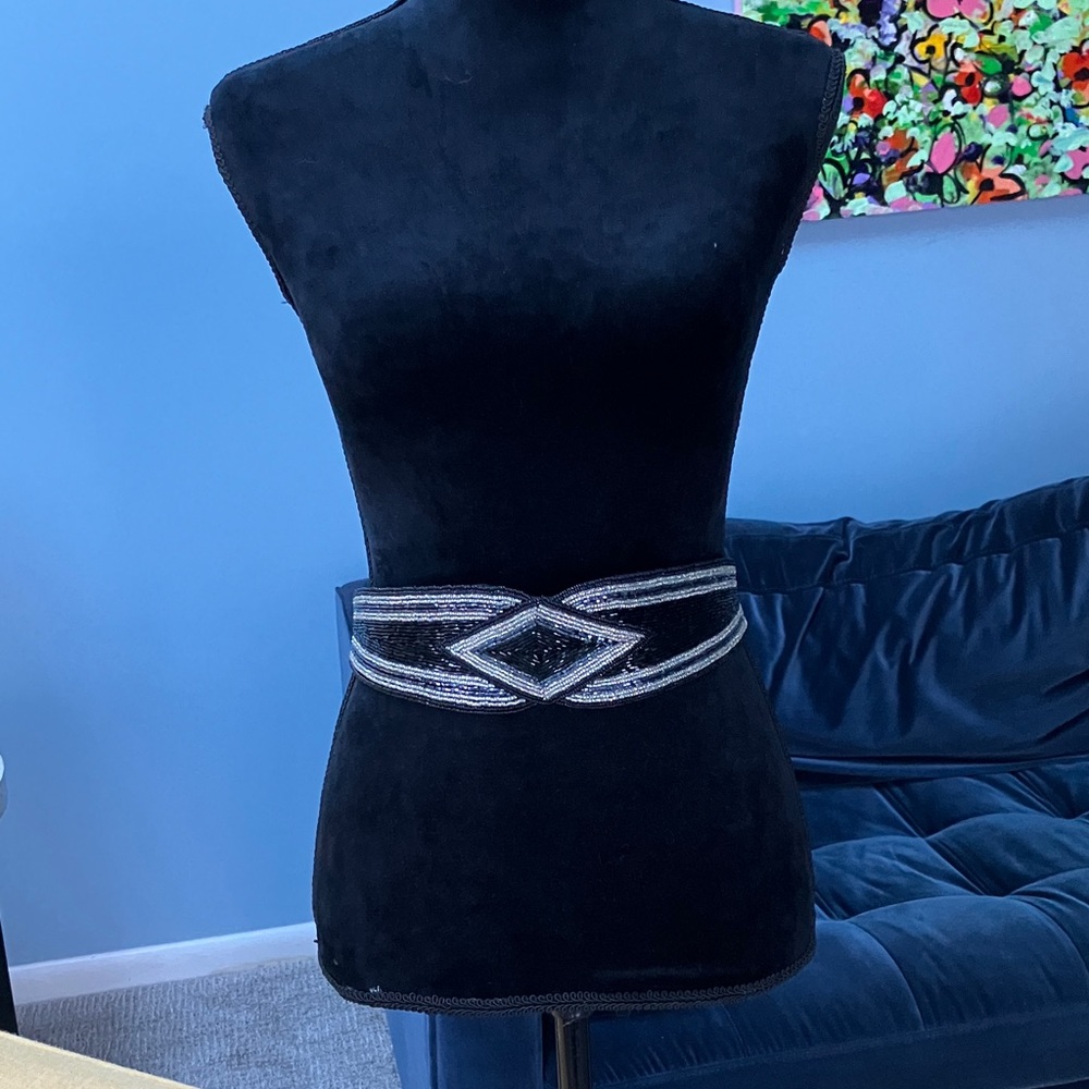 Vintage Carla Marchi Black and Silver Beaded Stretch Belt Art Deco Cinch Waist - Picture 4 of 11